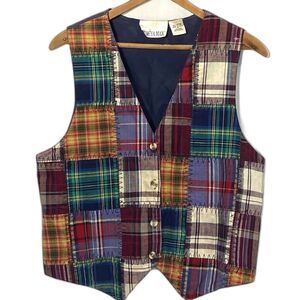 Vtg CASEY & MAX Vest Plaid Patchwork Quilted Button Sleeveless Retro 90s Women M